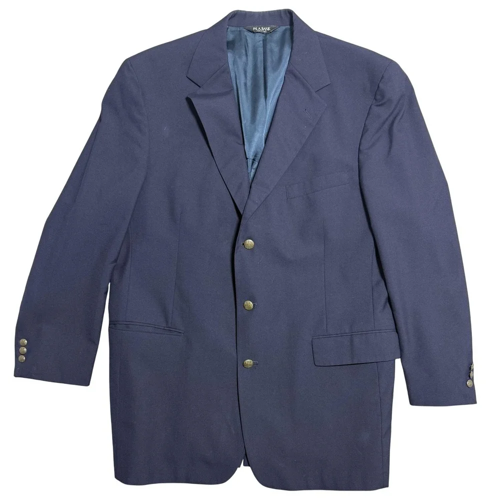 Jos A Bank Blazer Mens 46L Navy 100% Wool Mitchell 3 Button Sport Coat Jacket